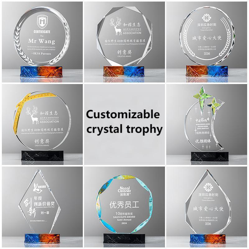 Round Crystal Mountain Peak Trophy Awards UV Printed Laser Carved Glass Model for Sports Souvenir and Gift