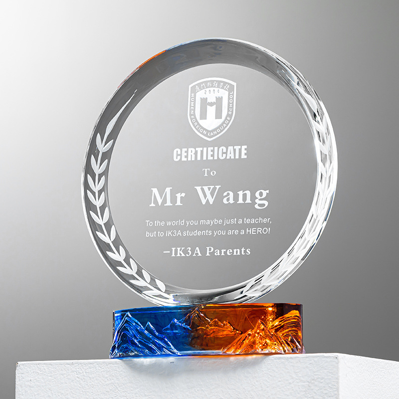 Round Crystal Mountain Peak Trophy Awards UV Printed Laser Carved Glass Model for Sports Souvenir and Gift