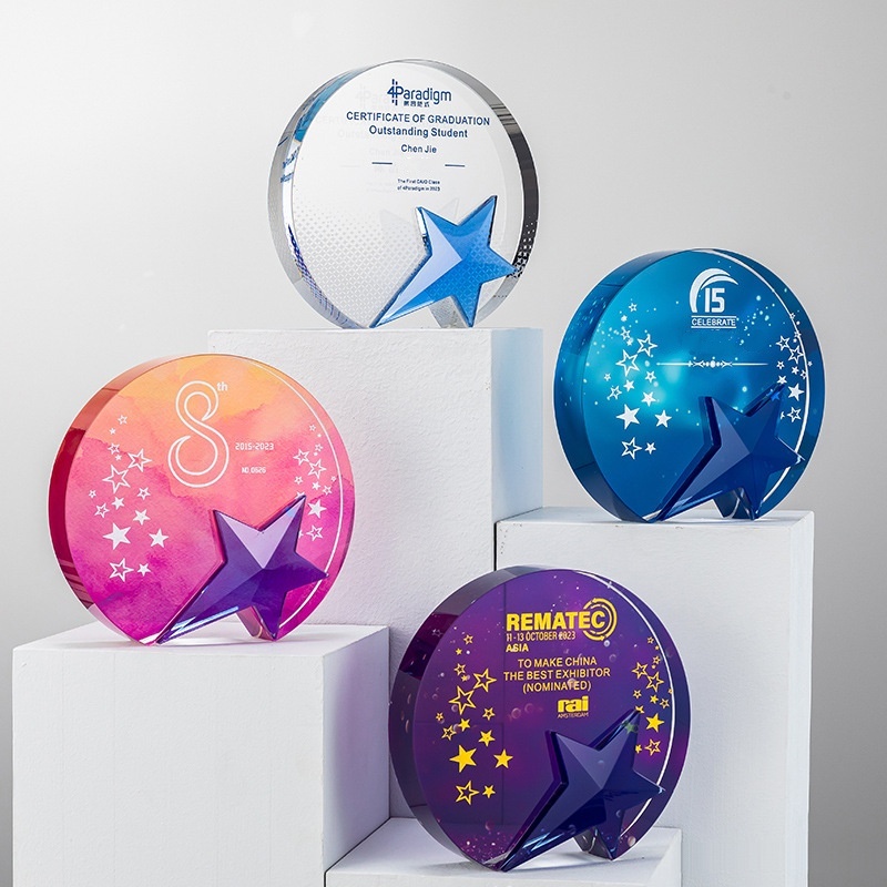 Fashion Round Crystal Award Plaque Custom UV Gradient Printing Design Corporate Commemorative Prize Crystal Trophy