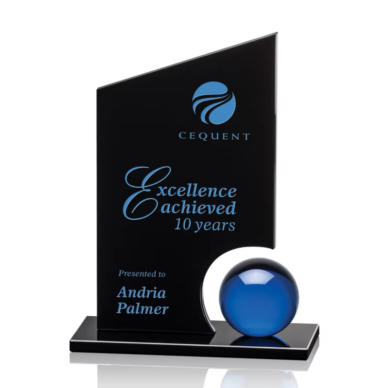 Custom Black Blue Crystal Trophy Award Business Meeting Souvenir UV Engraving Glass Authorization Franchise Plate Included