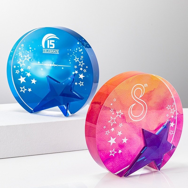Fashion Round Crystal Award Plaque Custom UV Gradient Printing Design Corporate Commemorative Prize Crystal Trophy