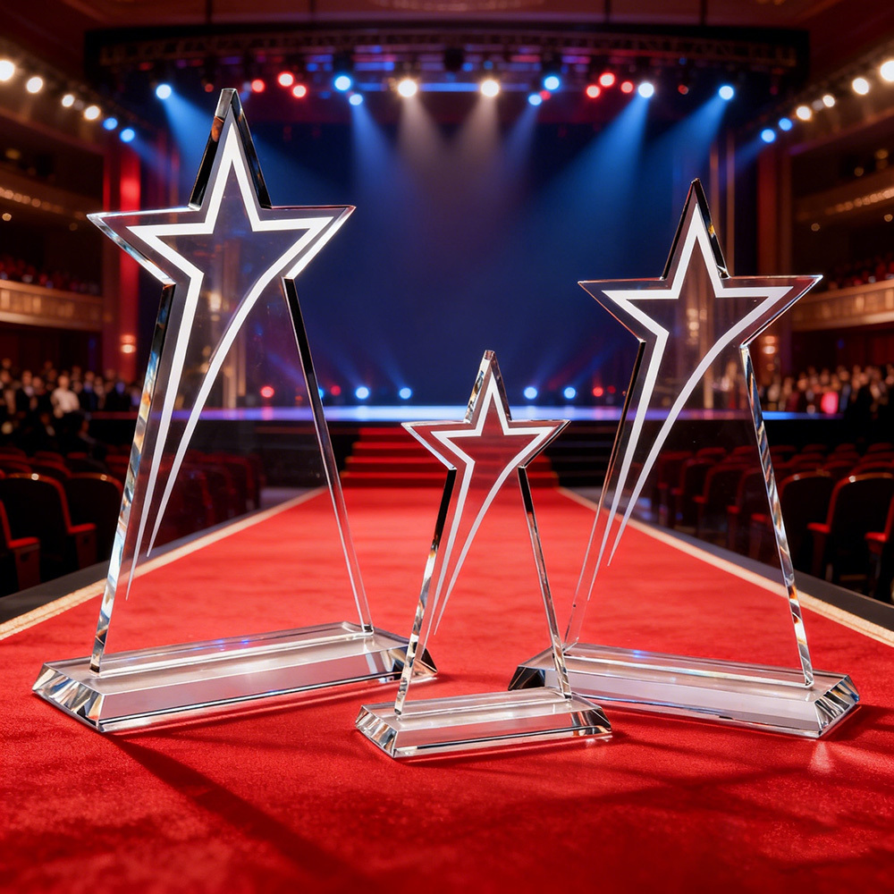 Top Ranking High Quality Clear Customized Glass Star Trophy for Outstanding Employee Recognition
