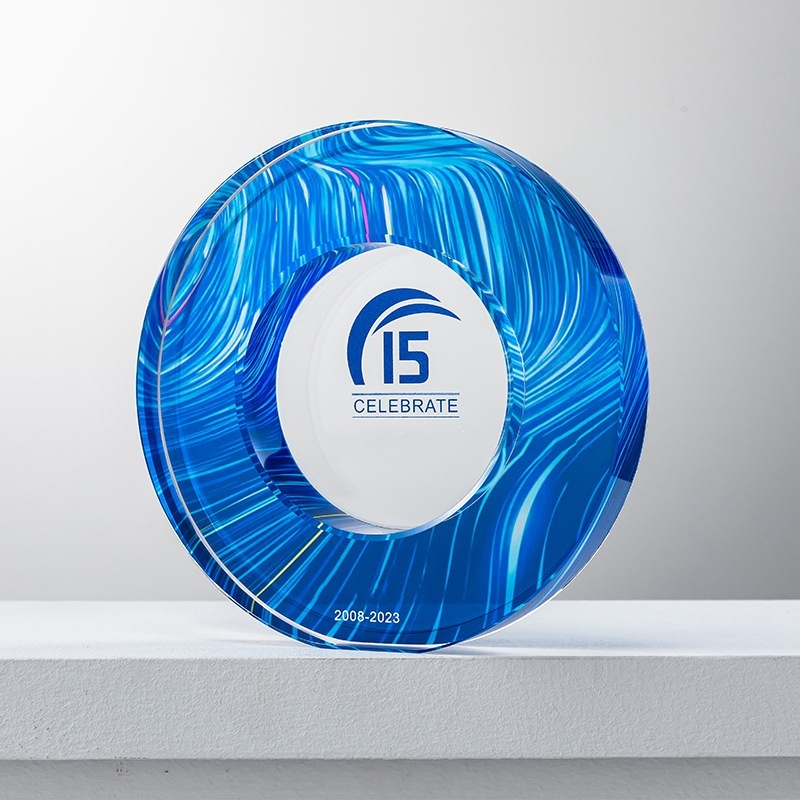 Fashion Round Crystal Award Plaque Custom UV Gradient Printing Design Corporate Commemorative Prize Crystal Trophy