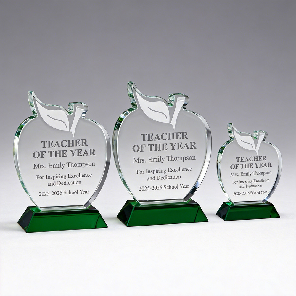 Best Selling Crystal Achievement Trophy Apple Shape with Green Base Promotional Business Gift