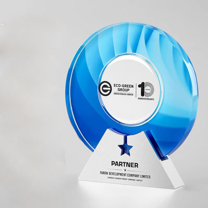 Wholesale Custom Logo Full Color Printing Crystal Circle Trophy with Silver Metal Base MH-NJ0998