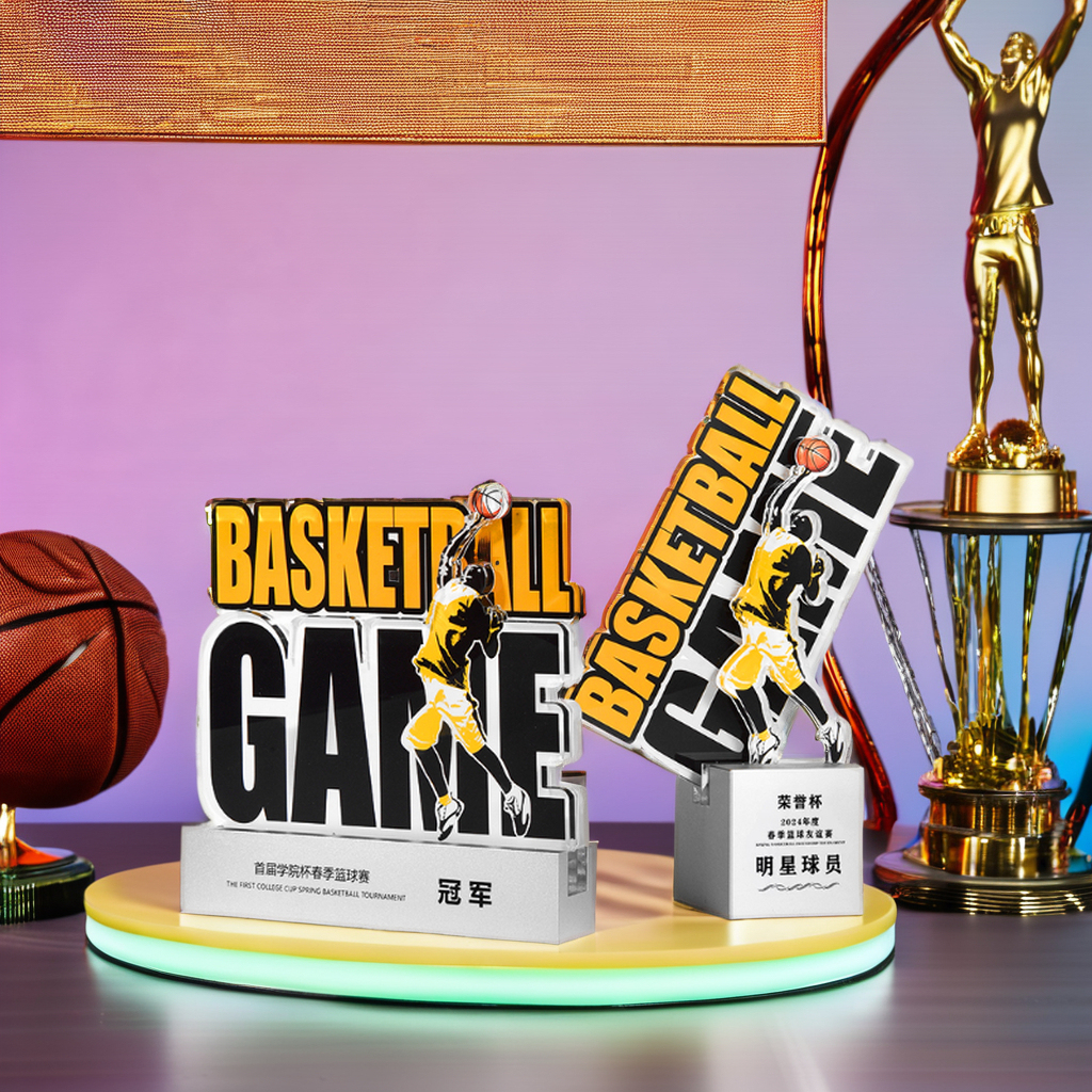 Creative Custom Acrylic Trophy Die Cutting Printing Fully Custom Award Metal Base Customize Color Shape Size Gift Box Durable