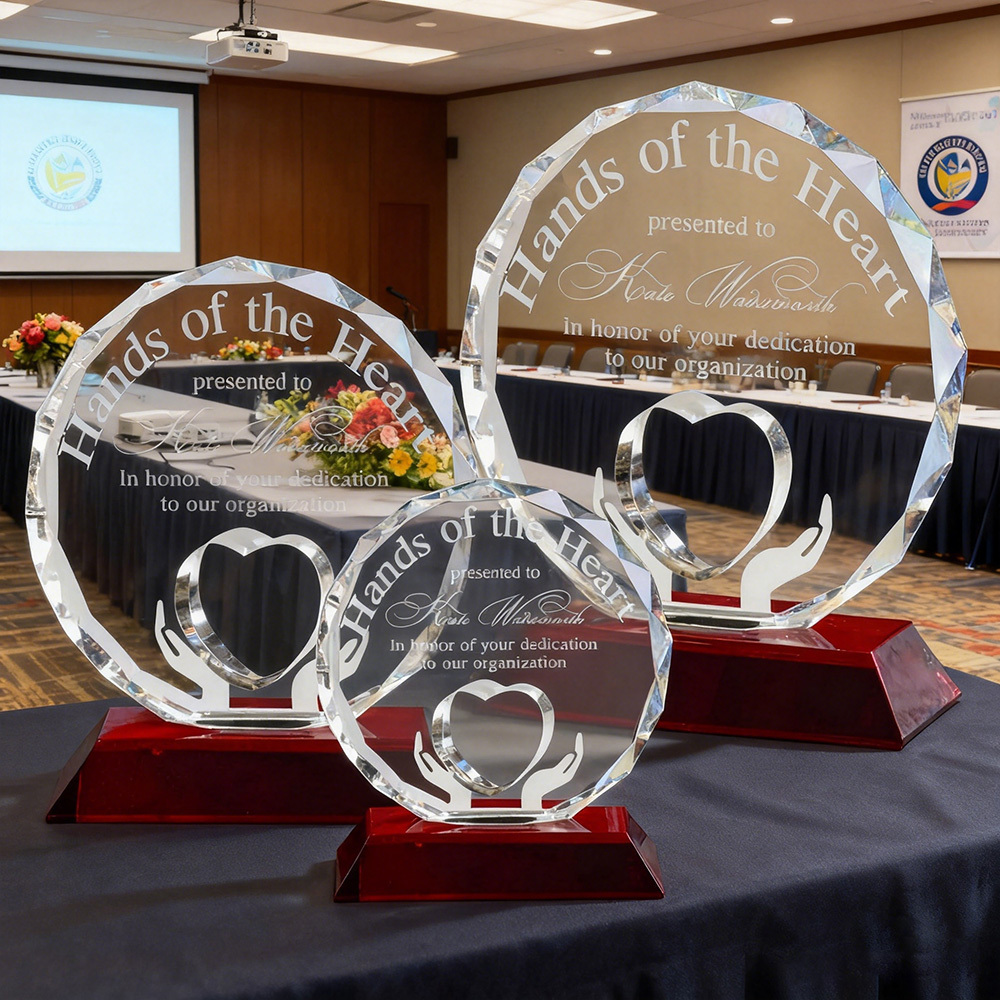 Crystal Elegent Design Heart in Hand Trophy with Red Base for Corporate Recognition Awards