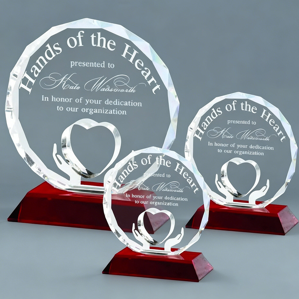 Crystal Elegent Design Heart in Hand Trophy with Red Base for Corporate Recognition Awards