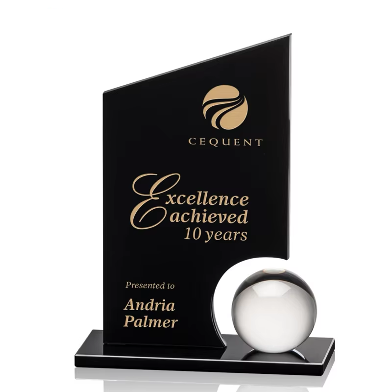 Custom Black Blue Crystal Trophy Award Business Meeting Souvenir UV Engraving Glass Authorization Franchise Plate Included