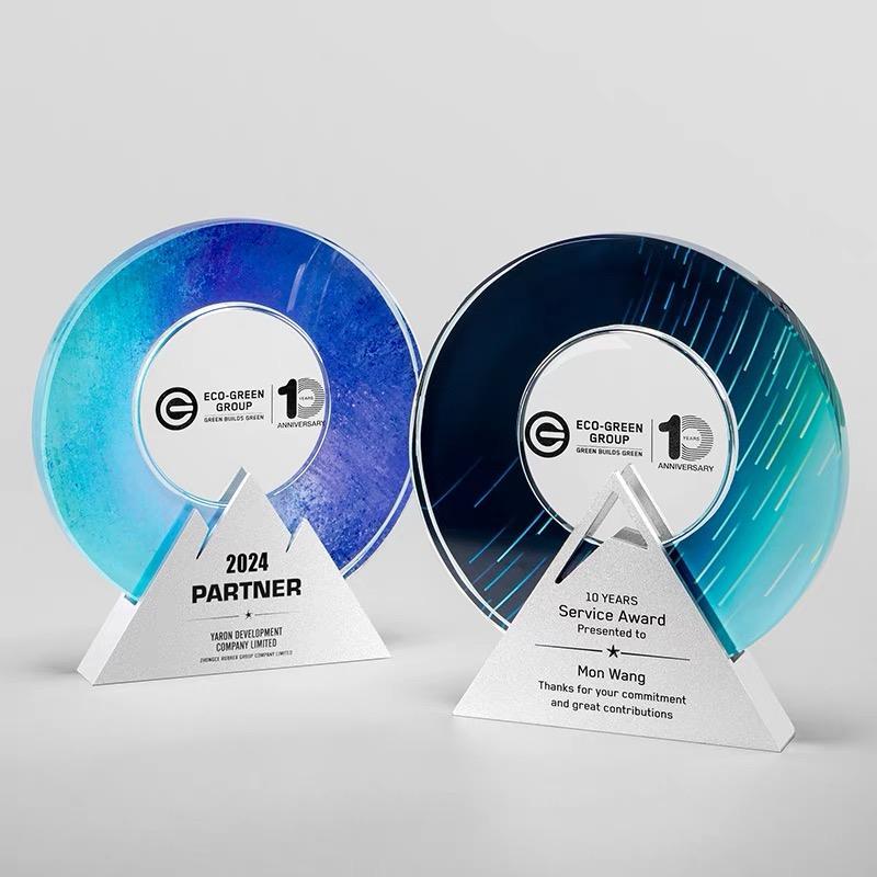Wholesale Custom Logo Full Color Printing Crystal Circle Trophy with Silver Metal Base MH-NJ0998