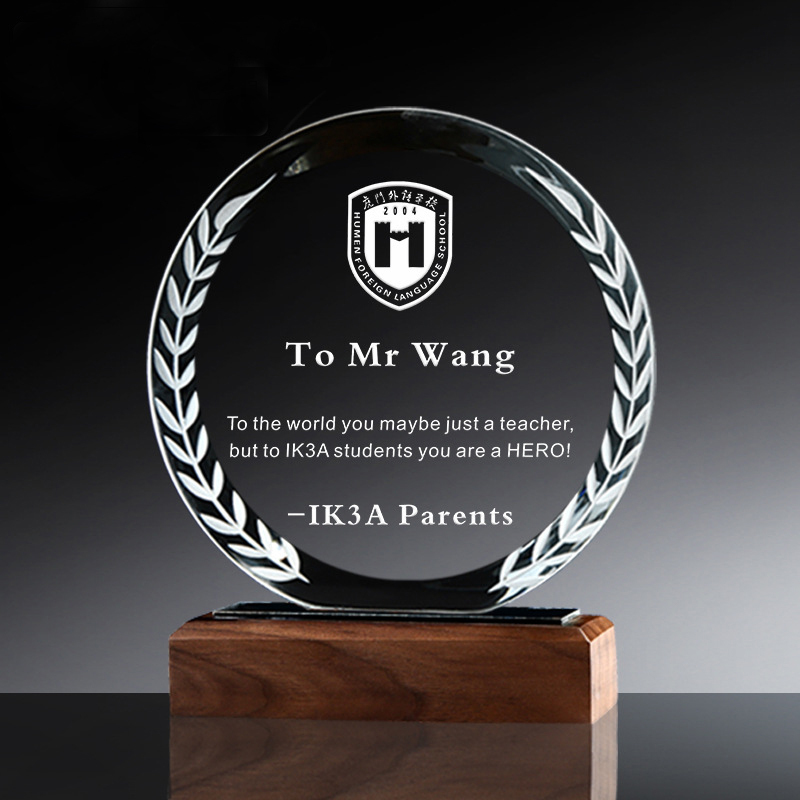 Crystal Glass Award Trophy with Wooden Base  for Corporate Presentation