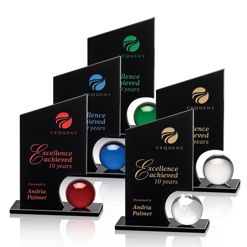 Custom Black Blue Crystal Trophy Award Business Meeting Souvenir UV Engraving Glass Authorization Franchise Plate Included