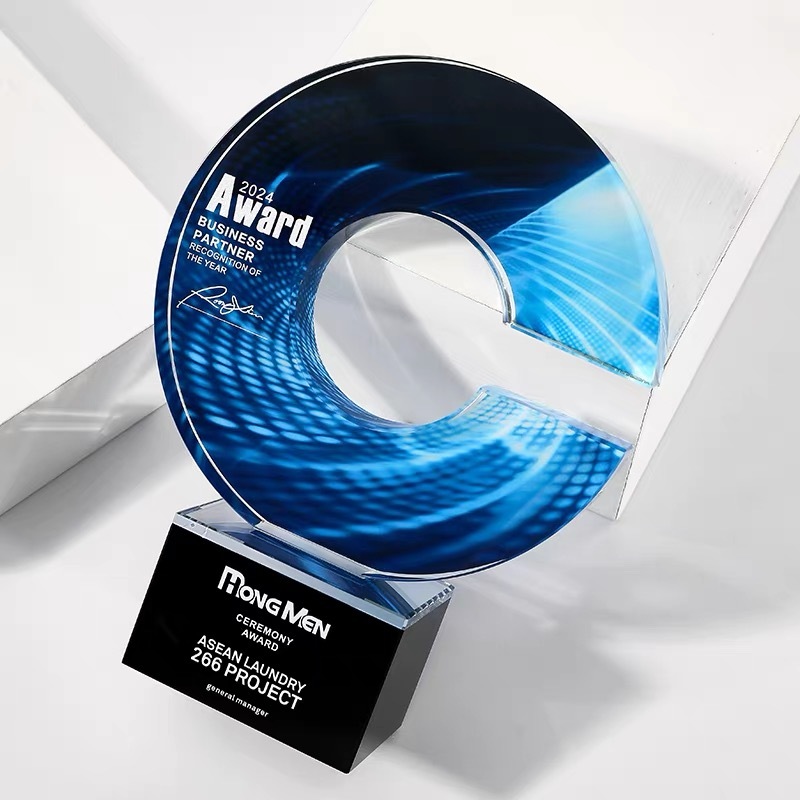 Full Color Printing Crystal Round C Shape Trophy With Black Crytal Base  MH-J761