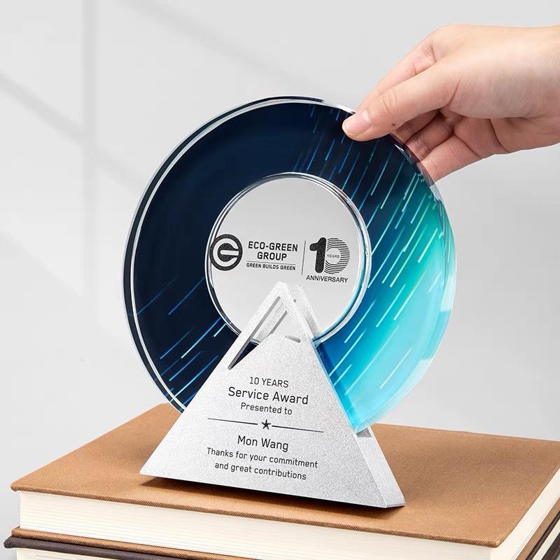 Wholesale Custom Logo Full Color Printing Crystal Circle Trophy with Silver Metal Base MH-NJ0998