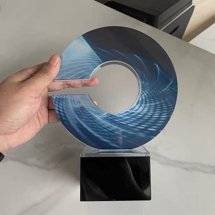 Full Color Printing Crystal Round C Shape Trophy With Black Crytal Base  MH-J761
