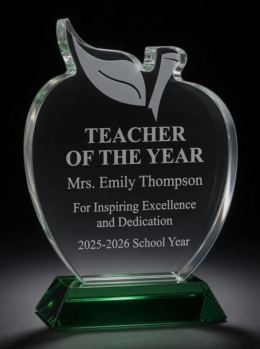 Best Selling Crystal Achievement Trophy Apple Shape with Green Base Promotional Business Gift