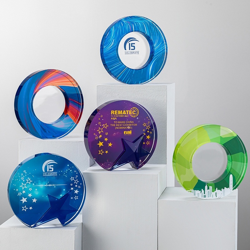 Fashion Round Crystal Award Plaque Custom UV Gradient Printing Design Corporate Commemorative Prize Crystal Trophy
