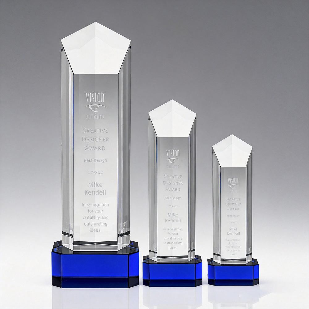 New Design Elegant Optical Crystal Pentagon Trophy with Blue Base for Business Gift Souvenir Gift