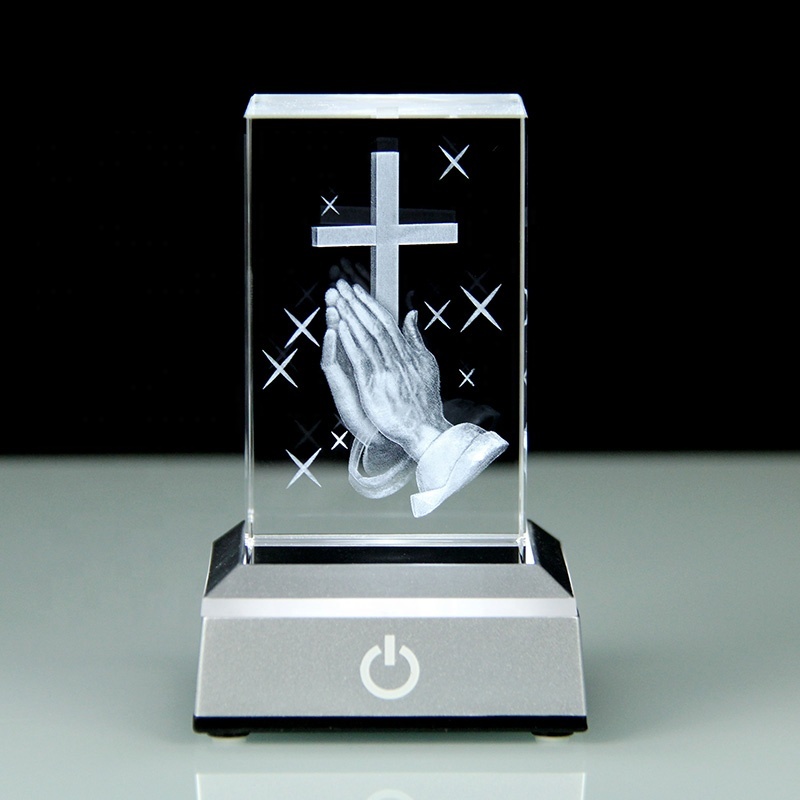 3D Glass Laser Engraved Praying Hand Cross CubeJesus Statues Religious Gifts Night Light for Bedroom Christian Catholic Gifts