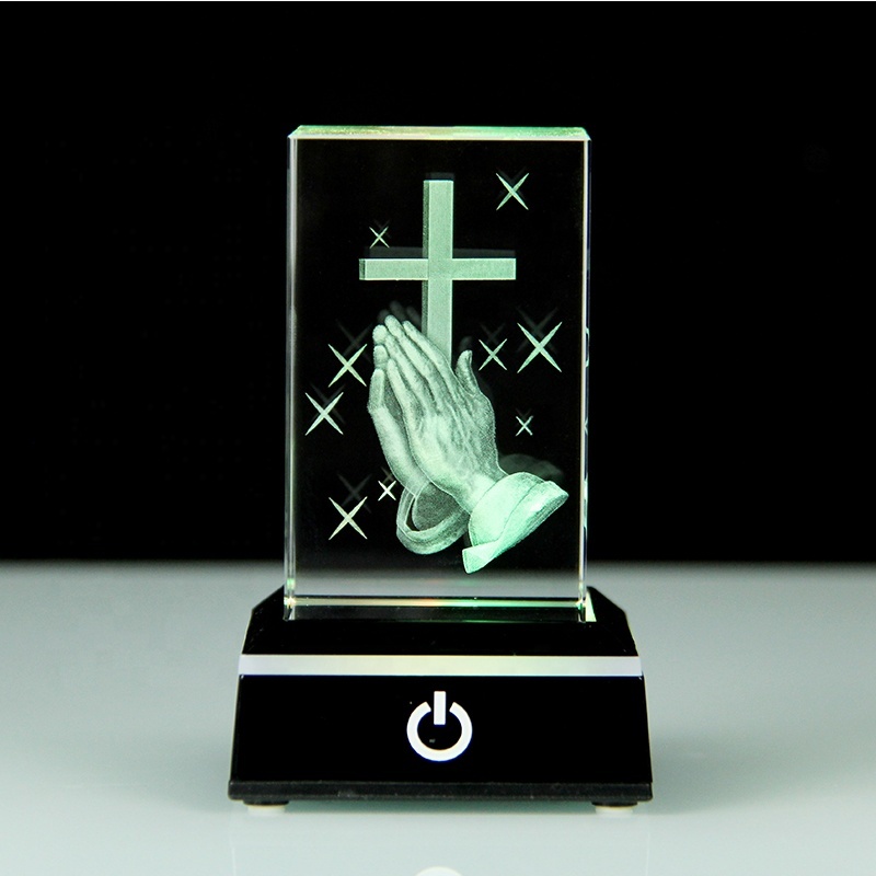 3D Glass Laser Engraved Praying Hand Cross CubeJesus Statues Religious Gifts Night Light for Bedroom Christian Catholic Gifts