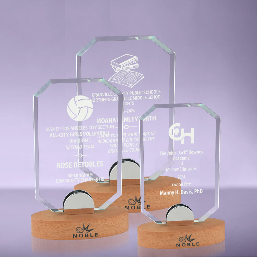 Hot Sale Custom Beautiful Crystal Glass Award on Wood and Metal Base Creative Design Business Gifts Custom Logo