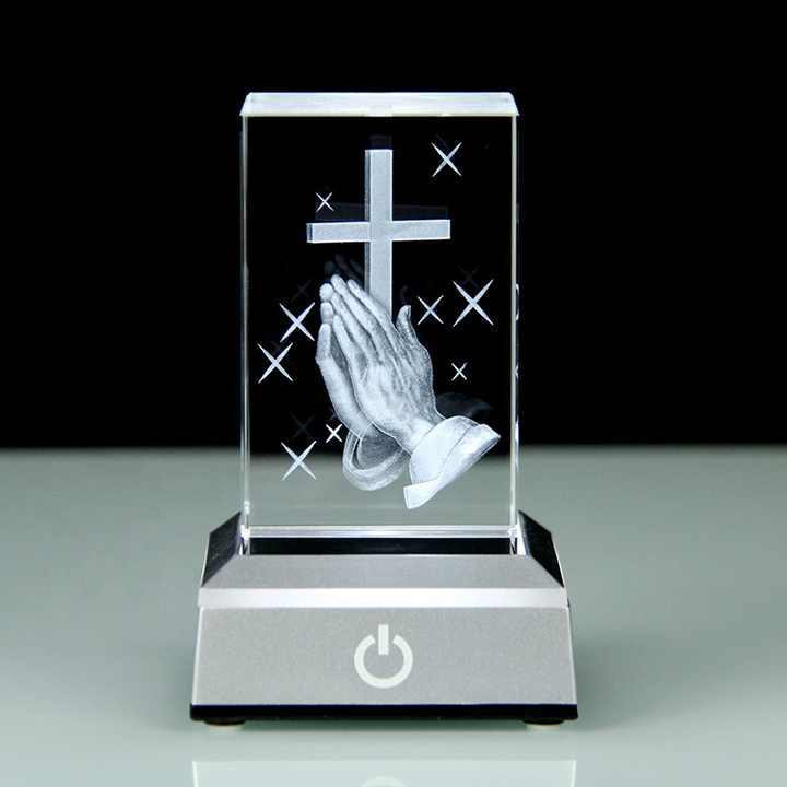3D Glass Laser Engraved Praying Hand Cross CubeJesus Statues Religious Gifts Night Light for Bedroom Christian Catholic Gifts