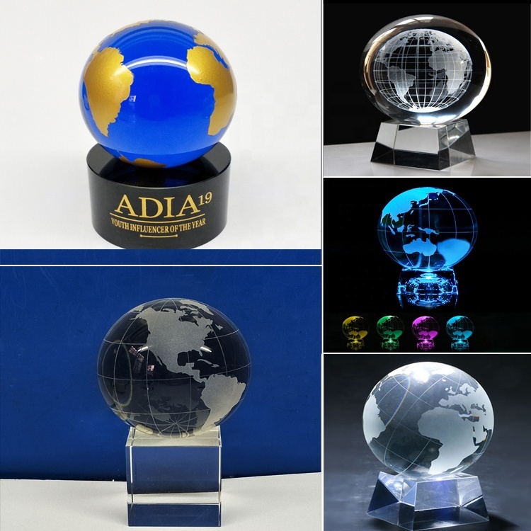 Wholesale Blue Crystal Globe / Base Custom logo / Crystal Ball Souvenir Award