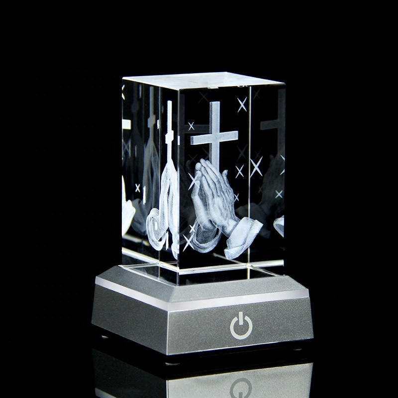 3D Glass Laser Engraved Praying Hand Cross CubeJesus Statues Religious Gifts Night Light for Bedroom Christian Catholic Gifts