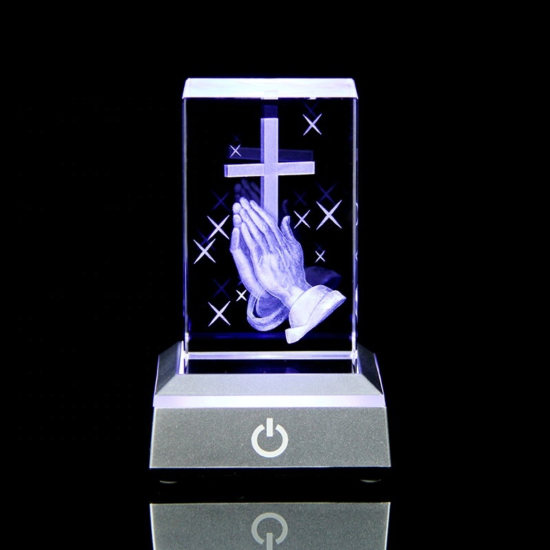 3D Glass Laser Engraved Praying Hand Cross CubeJesus Statues Religious Gifts Night Light for Bedroom Christian Catholic Gifts