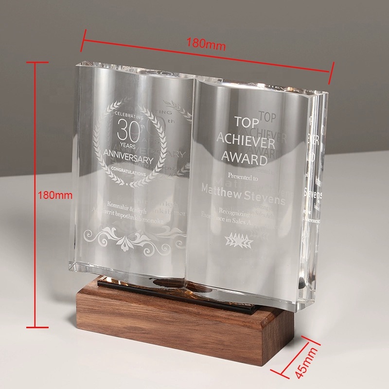 Hot Selling Clear Crystal Wooden Base Book Shape Trophy Award for Teachers' Day Gift School Teacher Retirement Souvenir