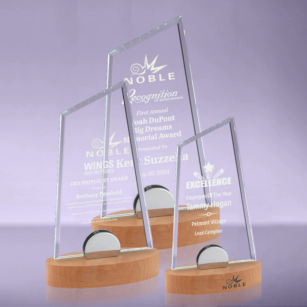 Wholesale High Quality Crystal Glass Award with Wood and Metal Base Custom Awards Wooden Plaque Glass Crystal Awards Plaque