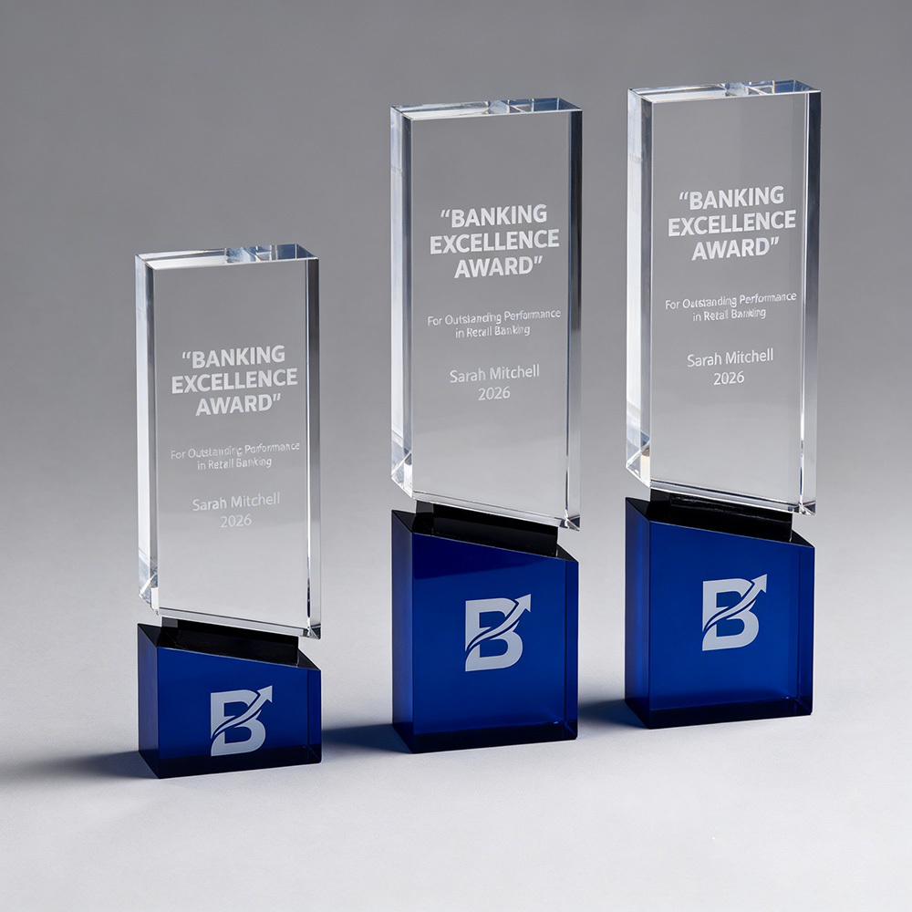 Hot Selling Crystal Cube Trophy Award with Blue Base for Business Gift
