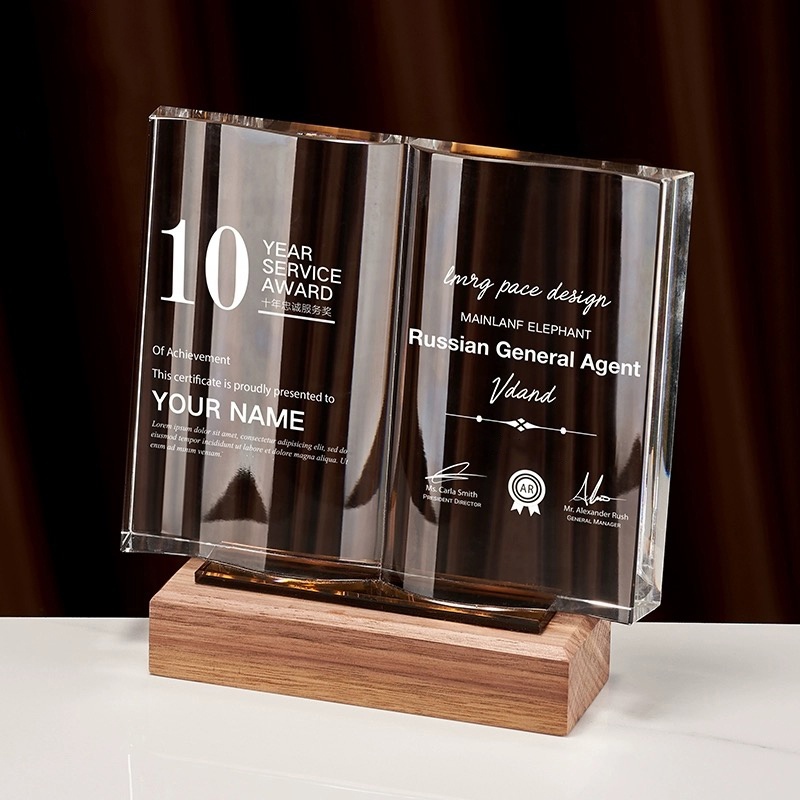 Hot Selling Clear Crystal Wooden Base Book Shape Trophy Award for Teachers' Day Gift School Teacher Retirement Souvenir