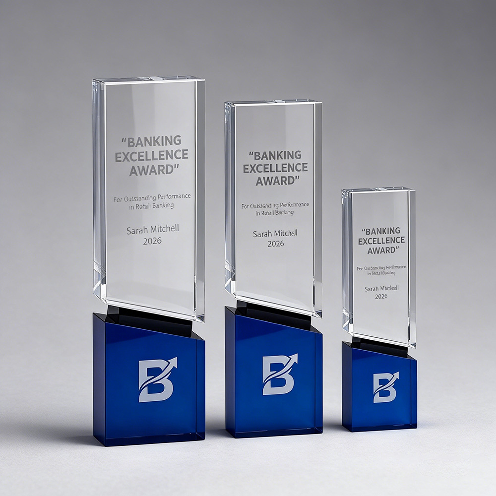 Hot Selling Crystal Cube Trophy Award with Blue Base for Business Gift