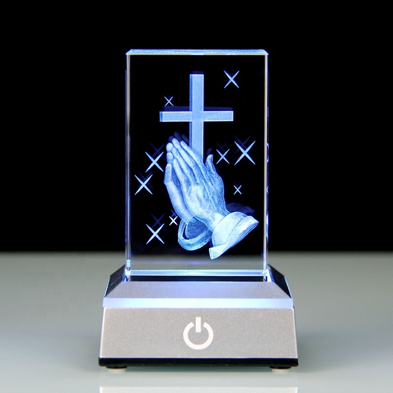 3D Glass Laser Engraved Praying Hand Cross CubeJesus Statues Religious Gifts Night Light for Bedroom Christian Catholic Gifts