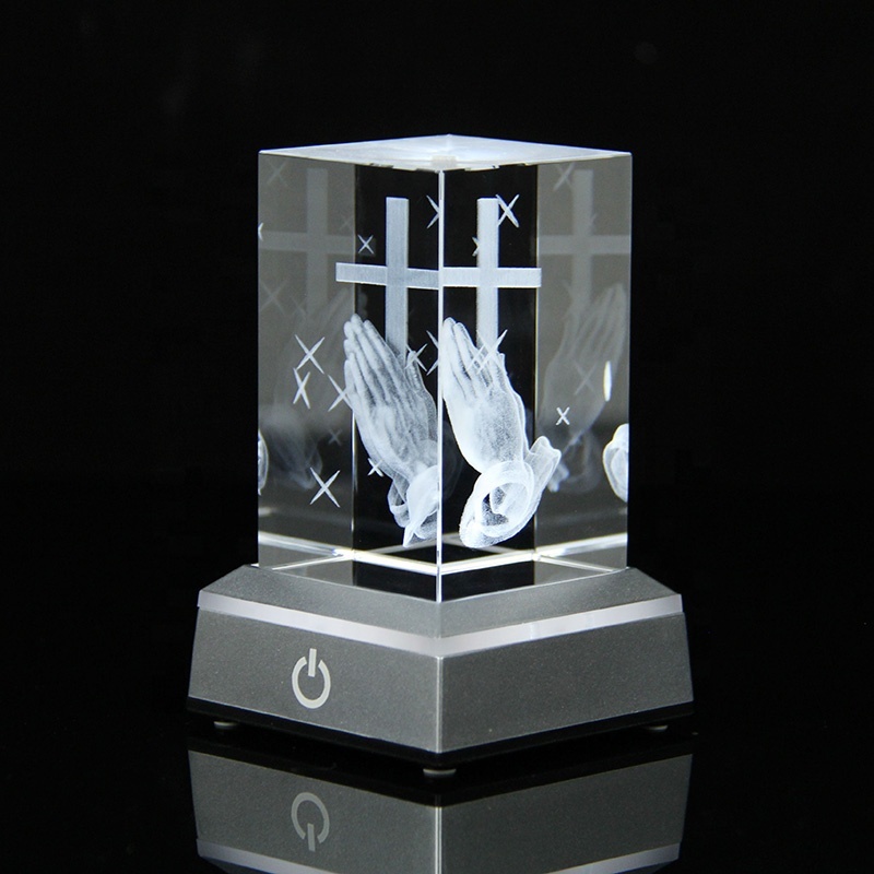 3D Glass Laser Engraved Praying Hand Cross CubeJesus Statues Religious Gifts Night Light for Bedroom Christian Catholic Gifts
