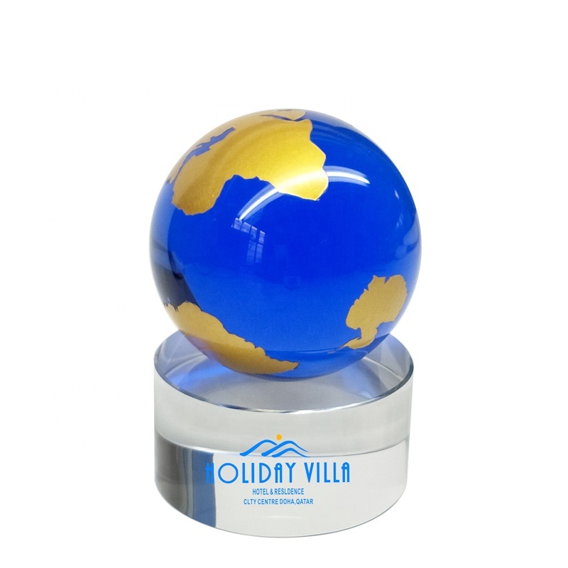 Wholesale Blue Crystal Globe / Base Custom logo / Crystal Ball Souvenir Award