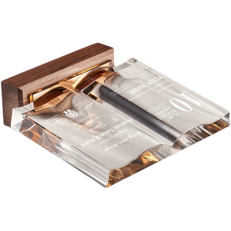 Hot Selling Clear Crystal Wooden Base Book Shape Trophy Award for Teachers' Day Gift School Teacher Retirement Souvenir