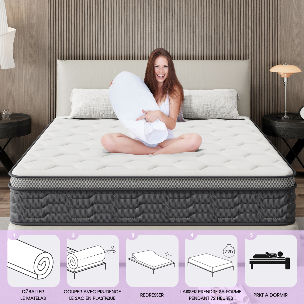 DEWINNER Mattress 180x200 cm, 25 cm Thick – Pocket Spring Memory Foam Mattress, 7-Zone Ergonomic Design, Firm Support & Motion Isolation