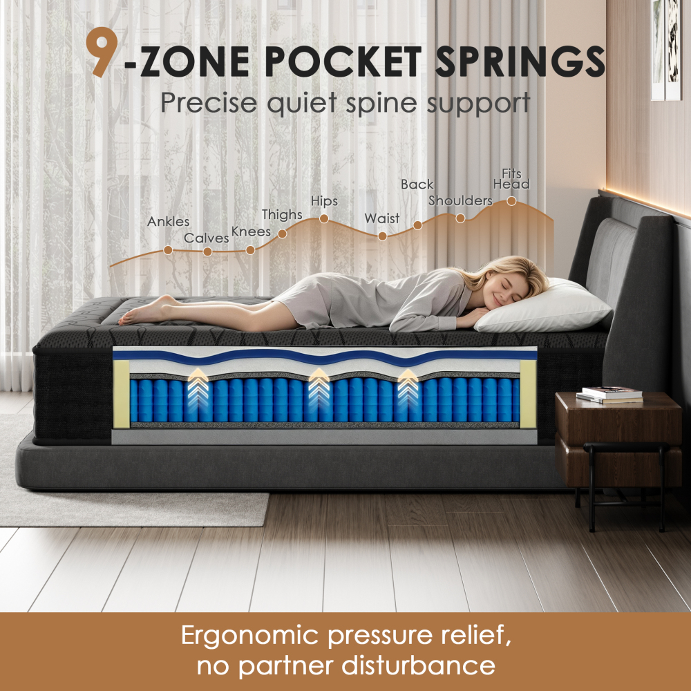 DEWINNER - Mattress Silent - Individually Pocketed Springs-7 Zones - High Density - Memory Foam Support - Dermophile Gray Top Layer - Firm Comfort - Breathable