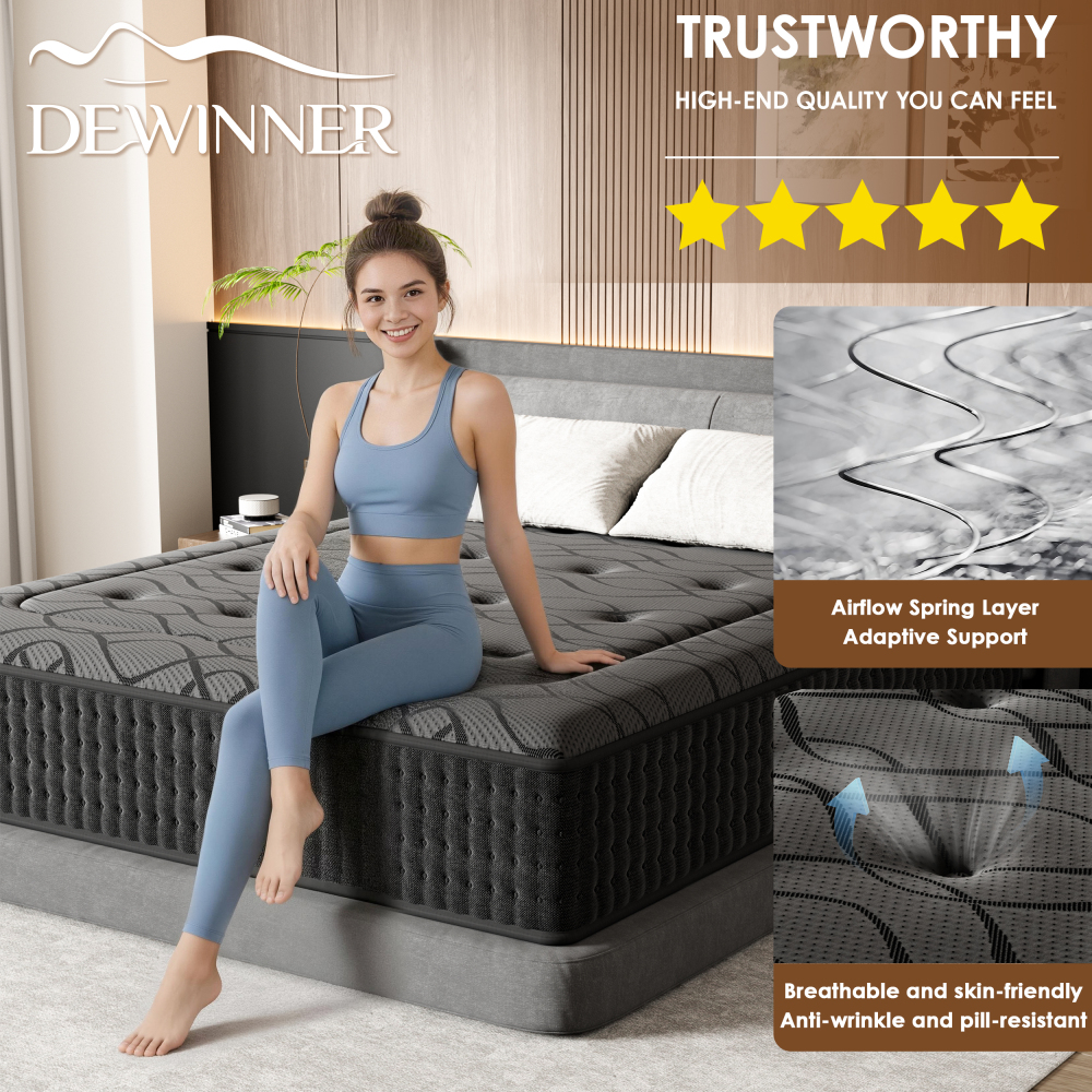 DEWINNER - Mattress Silent - Individually Pocketed Springs-7 Zones - High Density - Memory Foam Support - Dermophile Gray Top Layer - Firm Comfort - Breathable