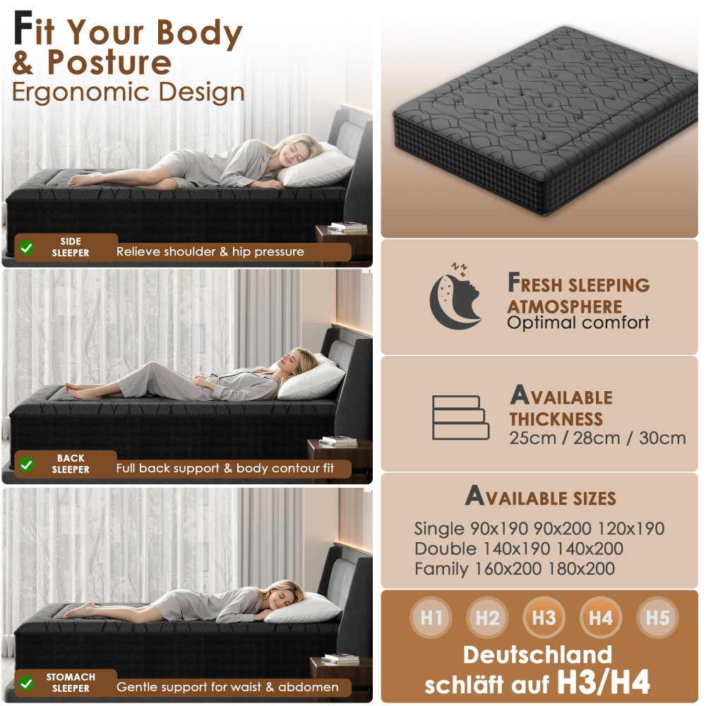DEWINNER - Mattress Silent - Individually Pocketed Springs-7 Zones - High Density - Memory Foam Support - Dermophile Gray Top Layer - Firm Comfort - Breathable