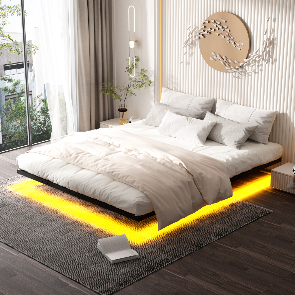 DEWINNER Bed Frame with Metal Slats, Floating Double Bed with LED Lighting, Metal Slats, Sturdy Frame, 20 cm of Under-Bed Storage, Black (Mattress Not Included)