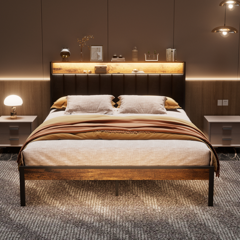 DEWINNER Bed Frame with LED Lighting, Double Bed with Storage Headboard, Power Strip (1 AC Outlet, 2 USB Ports), Sturdy Frame, Dark Gray Linen, Easy Assembly