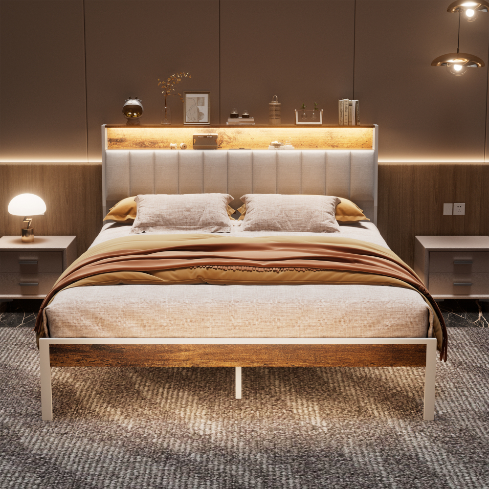 DEWINNER Bed Frame with LED Lighting, Double Bed with Storage Headboard, Power Strip (1 AC Outlet, 2 USB Ports), Sturdy Frame, Dark Gray Linen, Easy Assembly