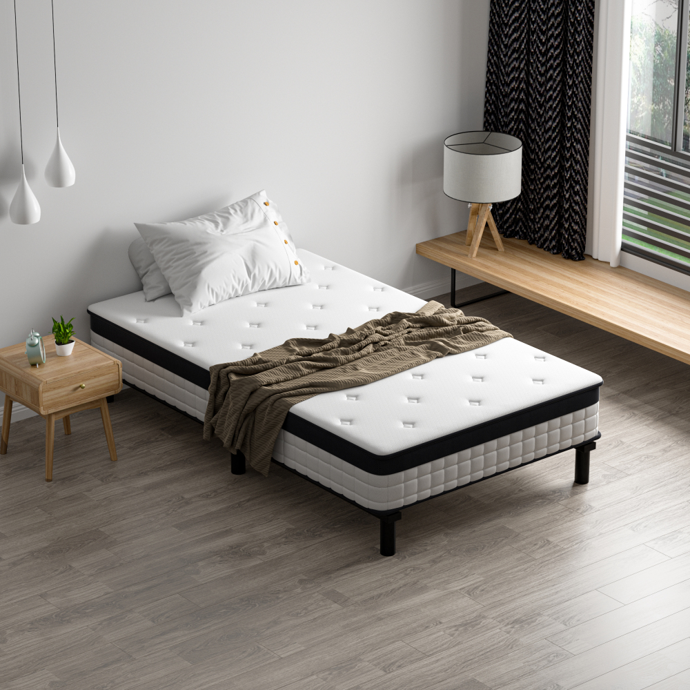 Mattress & Bed Base Set | Pocket Spring Mattress + Sturdy Metal Bed Frame with 6 Legs, Complete Bed,  High Resilience & Breathable