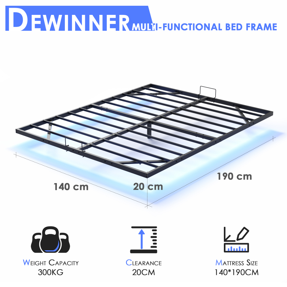 DEWINNER Bed Frame with Metal Slats, Floating Double Bed with LED Lighting, Metal Slats, Sturdy Frame, 20 cm of Under-Bed Storage, Black (Mattress Not Included)