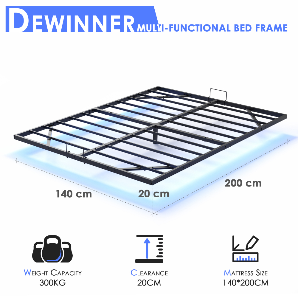 DEWINNER Bed Frame with Metal Slats, Floating Double Bed with LED Lighting, Metal Slats, Sturdy Frame, 20 cm of Under-Bed Storage, Black (Mattress Not Included)