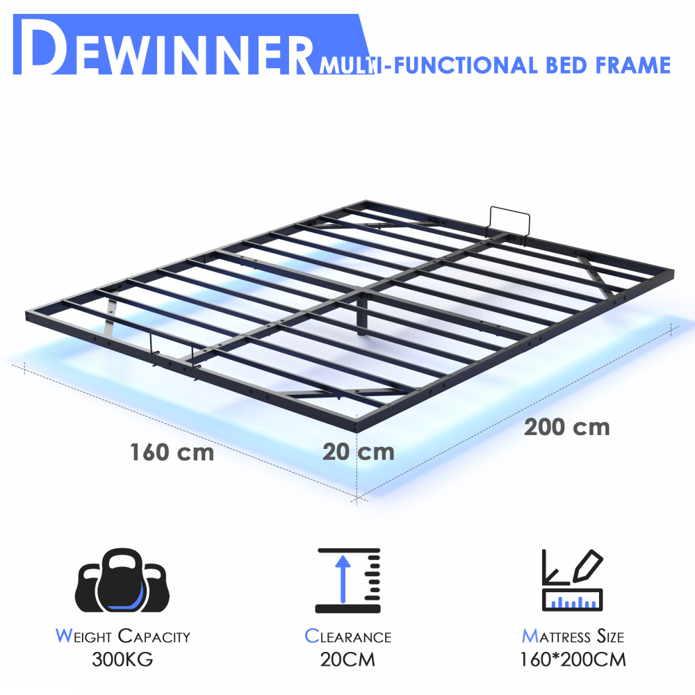 DEWINNER Bed Frame with Metal Slats, Floating Double Bed with LED Lighting, Metal Slats, Sturdy Frame, 20 cm of Under-Bed Storage, Black (Mattress Not Included)