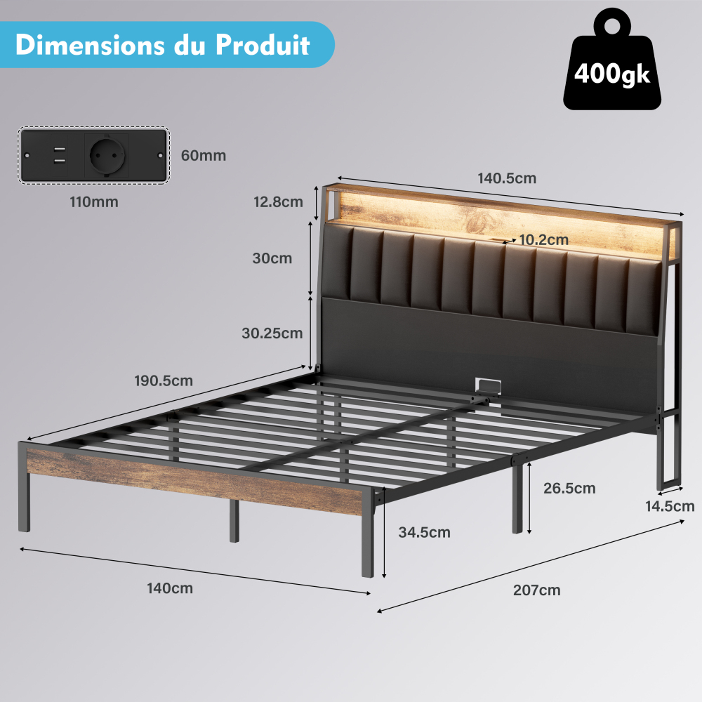 DEWINNER Bed Frame with LED Lighting, Double Bed with Storage Headboard, Power Strip (1 AC Outlet, 2 USB Ports), Sturdy Frame, Dark Gray Linen, Easy Assembly